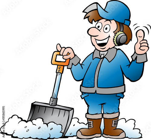 Cartoon Vector illustration of a Happy Handyman Worker with his Snow Shovel
