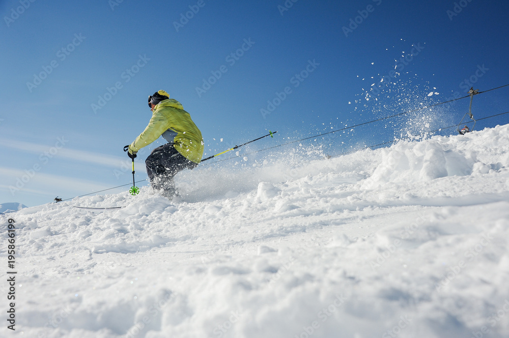 Amazing landing of skier on the mountain slope in Gudauri, Georgia