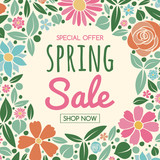Spring Sale - text on background with flowers. Concept of a poster. Vector.