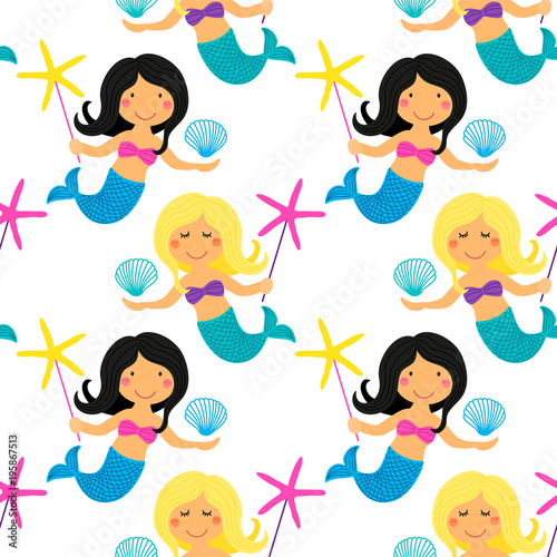 Cute childish hand drawn seamless pattern with cartoon character of little mermaid with sea starfish and shell