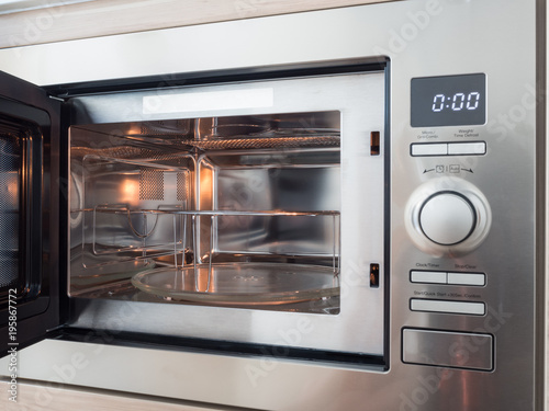 Microwave with timer clock in kitchen