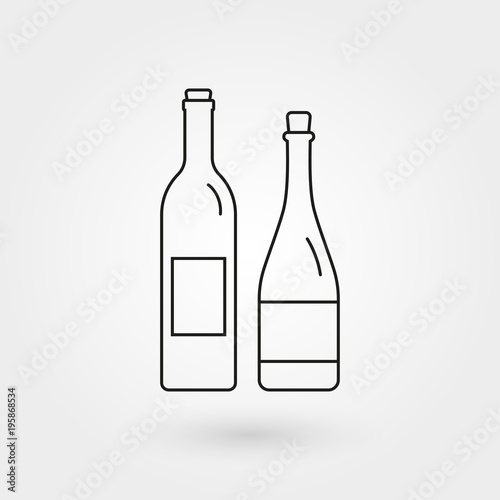 Wine bottle with champagne bottle outline icon. Minimal line design. Vector illustration.