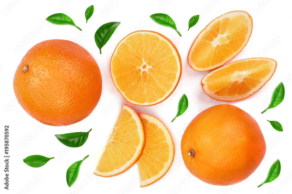 Orange with slice and leaf isolated on the white background. Flat lay pattern. Top view Orange with slice and leaf isolated on the white background. Flat lay pattern. Top view