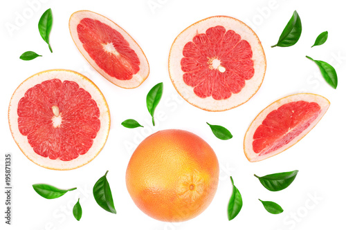 Grapefruit and slices with leaves isolated on white background. Top view. Flat lay pattern