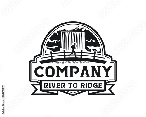 Running Man on the Bridge with View of the Waterfall Symbol Silhouette Company Logo Vector