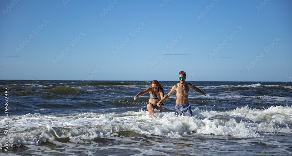 two lovers on beach and summer time two lovers on beach and summer time