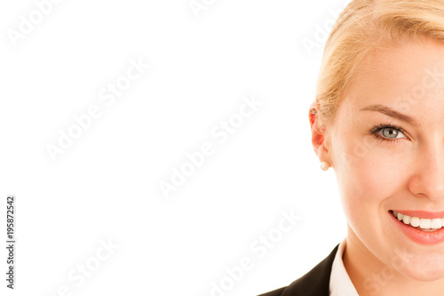 Half face of a beautiful business woman with copy space isolated over white