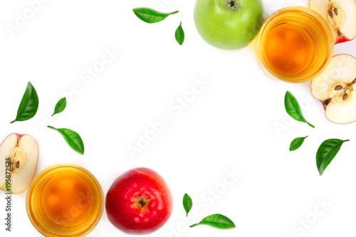 apple with juice and leaves isolated on white background with copy space for your text. top view. Flat lay pattern