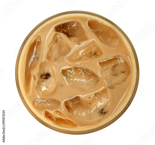 Top view of coffee latte cappuccino with ice in glass isolated on white background, clipping path included