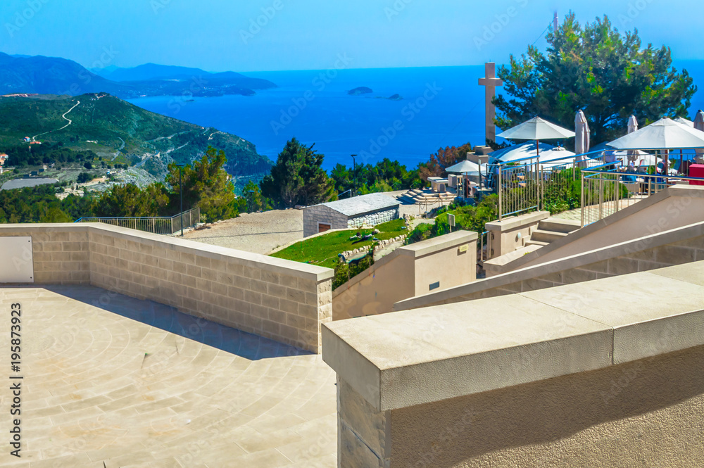 Fototapeta premium Dubrovnik viewpoint mountain Srd. / Aerial view at Adriatic coast from viewpoint over Dubrovnik town, Srd mountain.