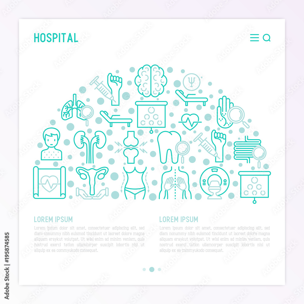 Hospital concept in half circle with thin line icons for doctor's notation: neurologist, gastroenterologist, manual therapy, ophtalmologist, cardiology, allergist, dermatologist. Vector illustration.