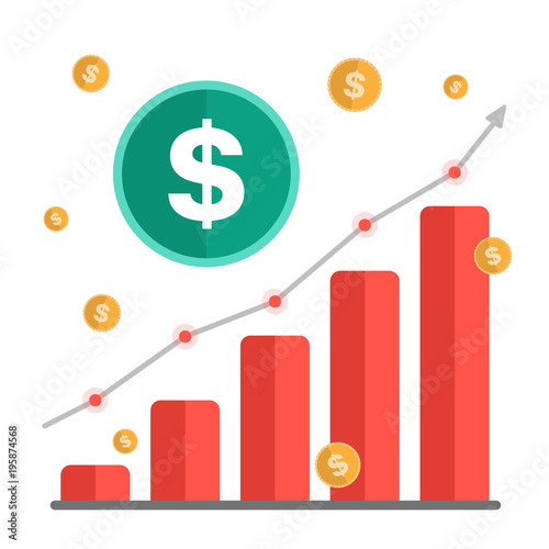 Growing money concept. Dollar sign with chart, rising arrow and coins. Vector illustration