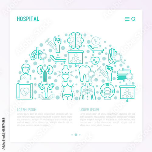 Hospital concept in half circle with thin line icons for doctor's notation: neurologist, gastroenterologist, manual therapy, ophtalmologist, cardiology, allergist, dermatologist. Vector illustration.