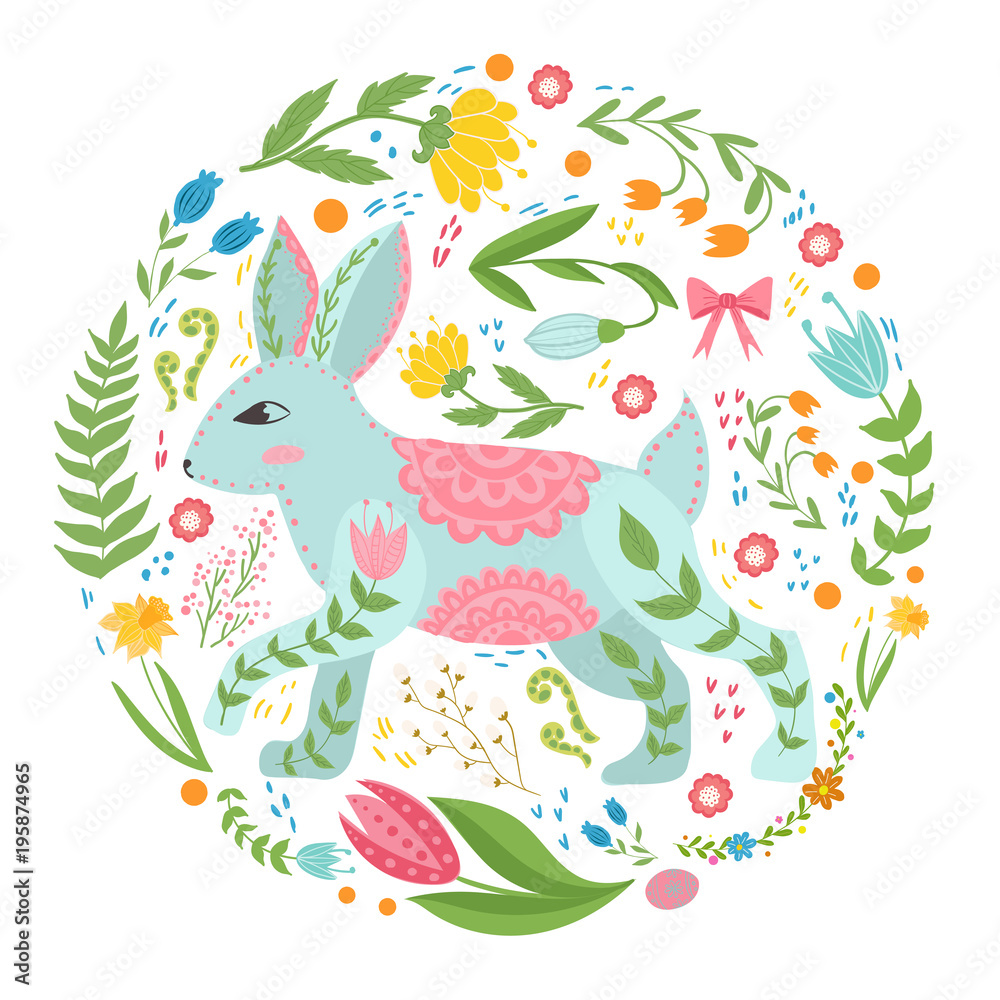Illustration with rabbit and flowers in a Scandinavian style. Folk art Illustration with rabbit and flowers in a Scandinavian style. Folk art