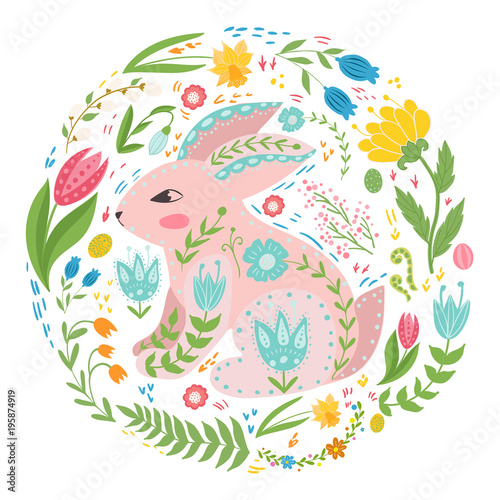 Illustration with rabbit and flowers in a Scandinavian style. Folk art