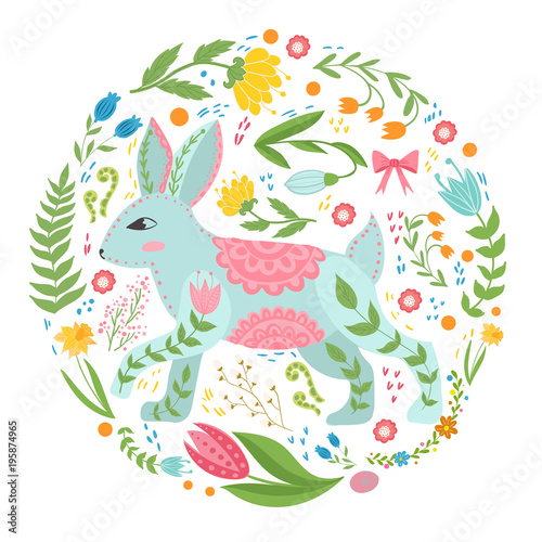 Illustration with rabbit and flowers in a Scandinavian style. Folk art