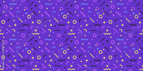 Horizontal, seamless, geometric pattern, Memphis style. Abstract, retro hipsters design in 80s or 90s style. Ready for print on fabric, paper, website background. Flat vector illustration.