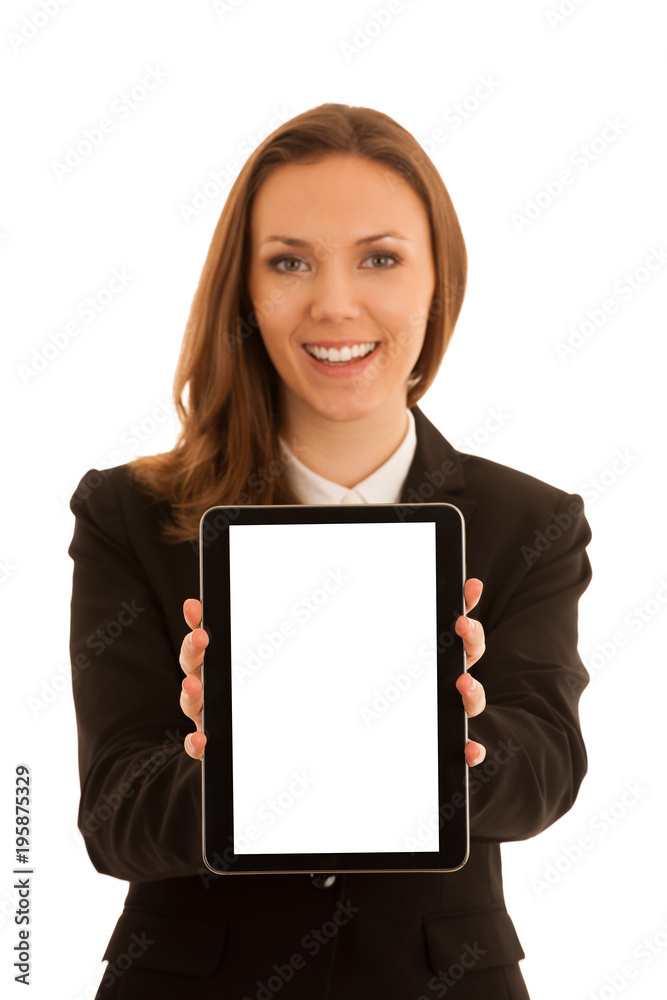 Corporate portrait of young beautiful caucasian business woman surfinh internet on tablet isolated over white background Corporate portrait of young beautiful caucasian business woman surfinh internet on tablet isolated over white background