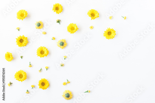 Flowers composition. frame made of yellow flowers on white background. Flat lay, top view, copy space