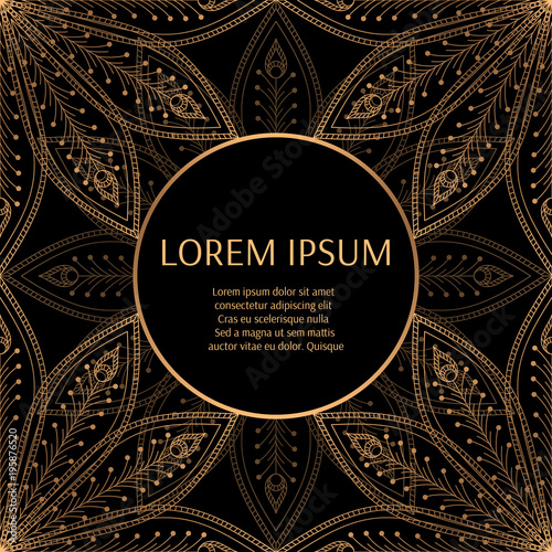 Luxury background vector. Peacock feathers royal pattern frame. Gold black floral design for beauty spa salon flyer, wedding party invitation, anniversary greeting, holiday christmas card template.