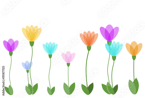 Spring wildflowers in different colors on a white background. Spring abstract design.