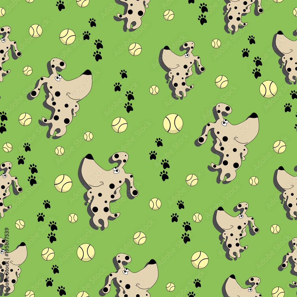 Cheerful puppy with tracks and balls. Seamless pattern. Design for children's textiles, background image for packaging materials. Cartoon style.