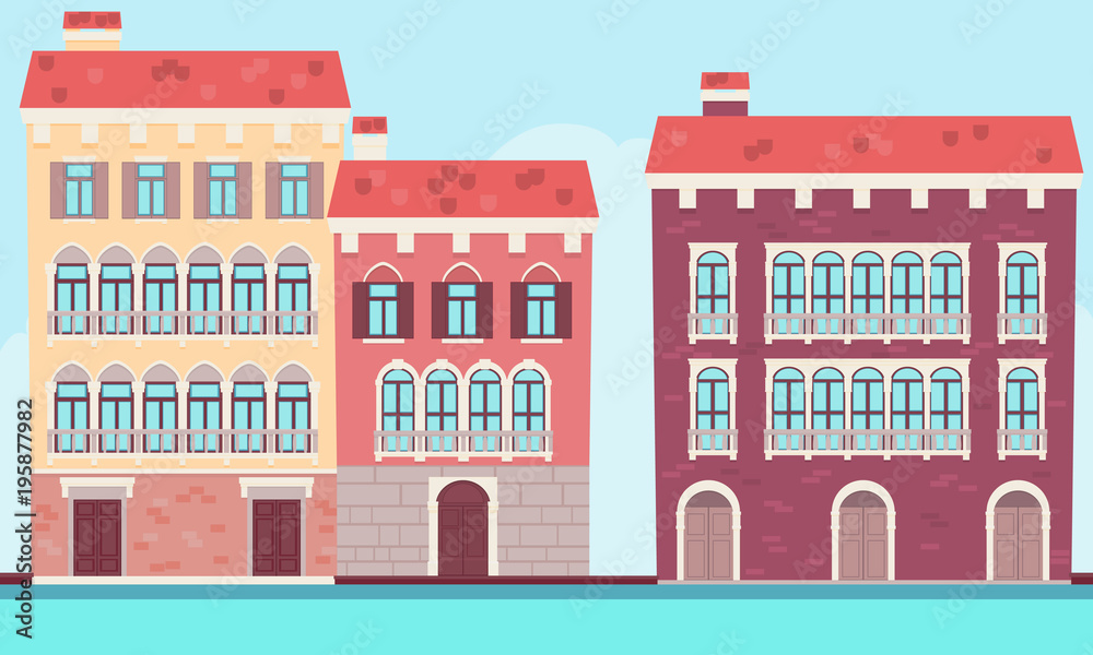 Houses of Venice near the water. Flat design. Vector illustration