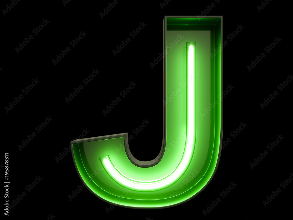 Neon green light alphabet character J font Neon green light alphabet character J font
