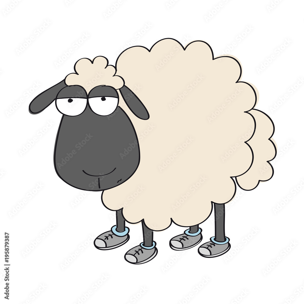 Naklejka premium Dull sheep in shoes, standing and looking stupid - original hand drawn funny cartoon illustration