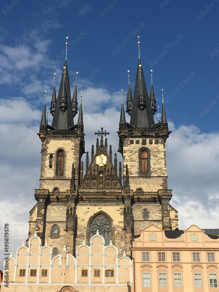 Church of Our Lady Before Tyn in Old Town Square, Prague.  Church of Our Lady Before Tyn overlooking Old Town Square, warm natural light from the sun. Exterior of the iconic Prague Church.