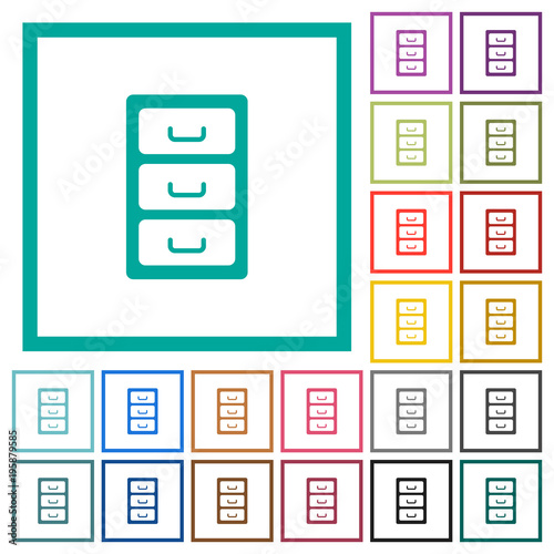 Archive file cabinet flat color icons with quadrant frames