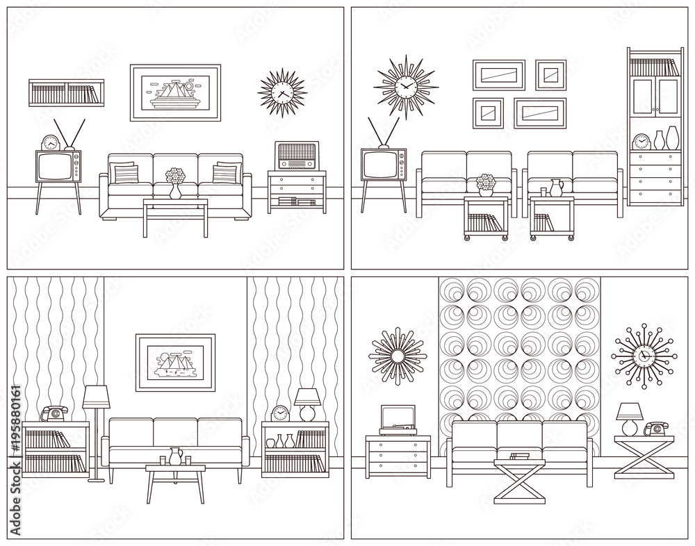 Room retro interior. Vector. Living rooms in line art. Flat design furniture sofa, couch, armchair, TV, turntable, telephone, radio, clock. Outline sketch. Home illustration. Vintage linear background