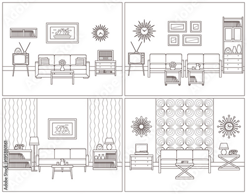 Room retro interior. Vector. Living rooms in line art. Flat design furniture sofa, couch, armchair, TV, turntable, telephone, radio, clock. Outline sketch. Home illustration. Vintage linear background