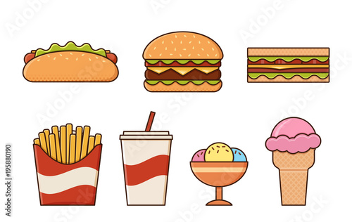 Fast food icons isolated in flat design. Vector. Set unhealthy meal on white background. Linear restaurant snacks. Junk colorful cooking elements. Burger, hot dog, fries and sandwich.