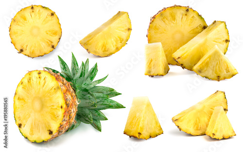 Collection pineapple. Pineapple slices isolated on white background.