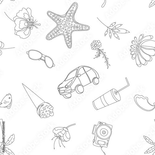 Seamless pattern with hand-drawn objects on the theme of the sea and vacation. Vector illustration