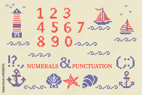 Cross stitch alphabet typeface poster. Good idea for summer, holiday, memorial Independence day posters, textile design.