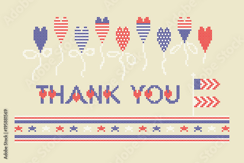 Cross stitch alphabet typeface poster. Good idea for summer, holiday, memorial Independence day posters, textile design.