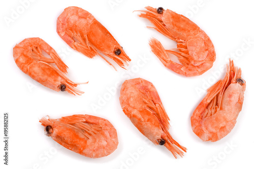 Red cooked prawn or shrimp isolated on white background. Top view. Flat lay