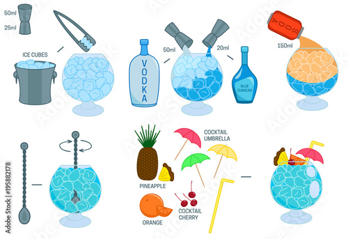 Blue Lagoon Cocktail recipe ingredients isolated vector colorful illustration