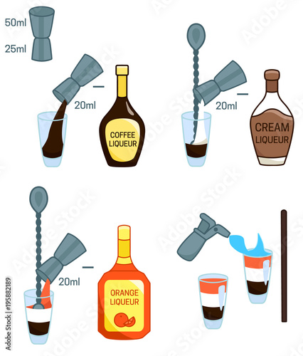 Flaming B-52 Cocktail recipe ingredients isolated vector colorful illustration