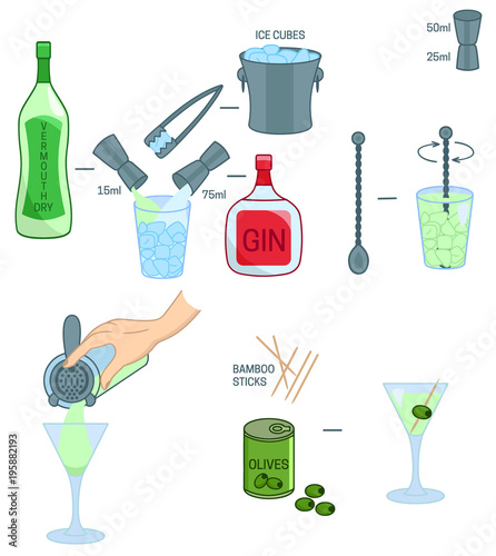 Martini Dry Cocktail recipe ingredients isolated vector colorful illustration