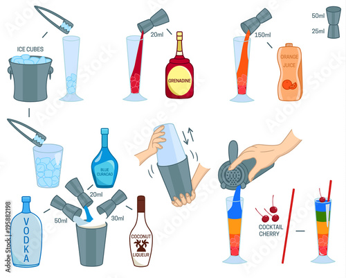 Rainbow Cocktail recipe ingredients isolated vector colorful illustration