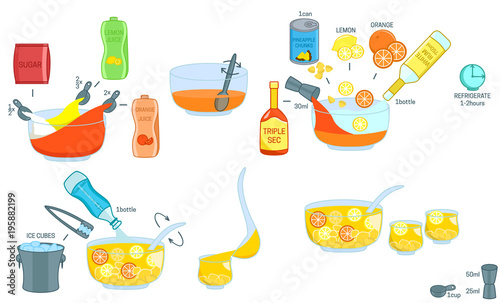 Punch Cocktail recipe ingredients isolated vector colorful illustration