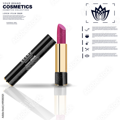 Fashion cosmetic lipstick vector 3d illustration mockup on white background. Cosmetic silver package design.