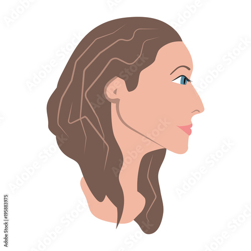 Head of a woman in side view, with long brown hair, isolated vector illustration