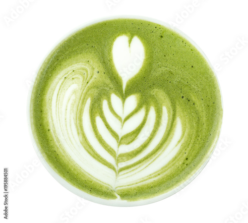 Top view of hot matcha green tea latte art foam isolated on white background, clipping path included
