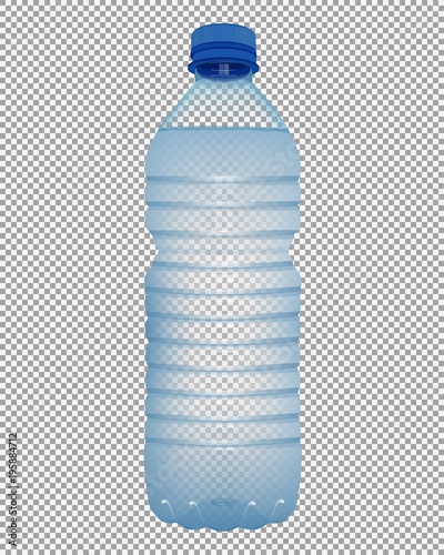 Realistic plastic bottle with water with close blue cap on transparent background