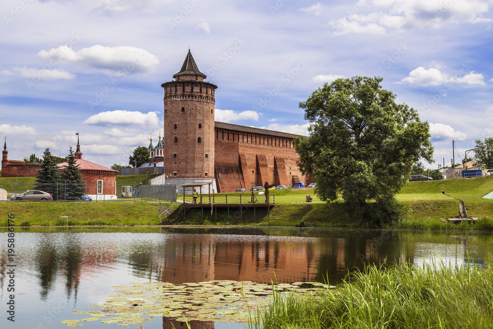 Panorama of the Kremlin in Kolomna and its reflection in the Kolomenka river, Moscow region, Russia