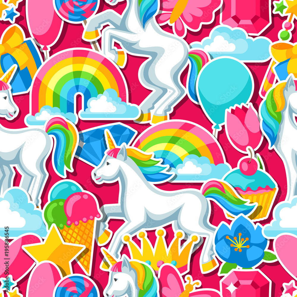 Seamless pattern with unicorns and fantasy items